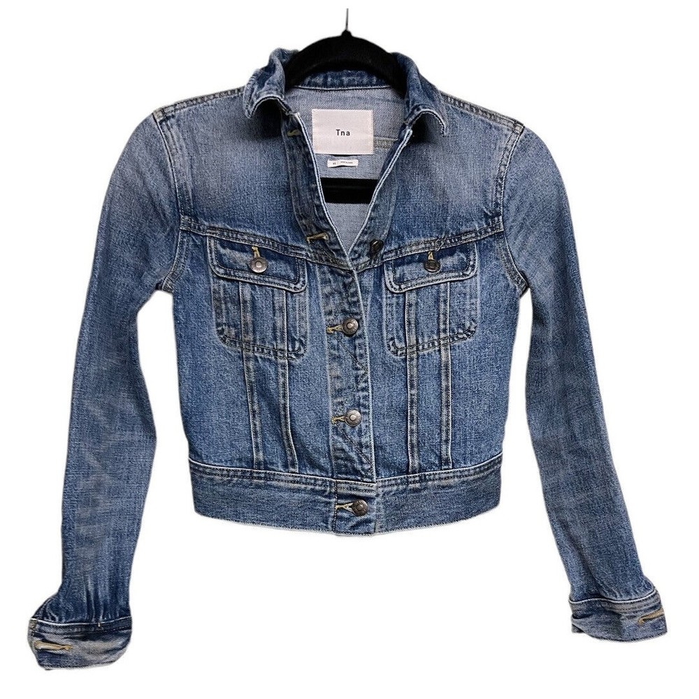 Aritzia TNA The Tina Crop Washed Denim Light Blue Jacket Biker Style Size XS